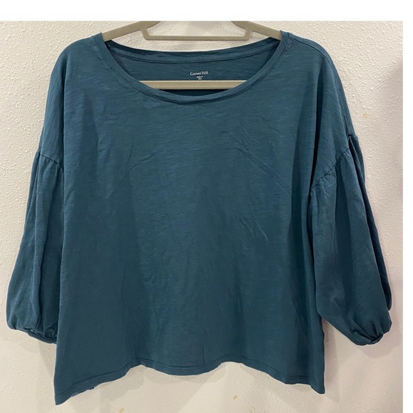 Garnet Hill Blue Balloon Sleeve Knit Top Medium 100% Cotton Made in Peru - Picture 1 of 7